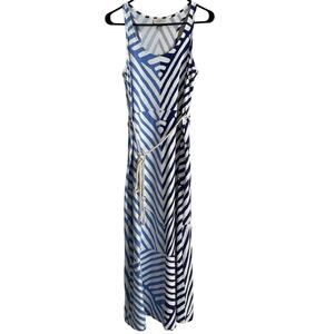 Ann Taylor Loft White Blue Nautical Stripe Maxi Dress with Cord Belt PM